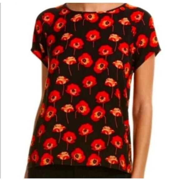Cabi Black + Red Poppy Print Flanders Short Sleeve Blouse - XS - Picture 1 of 9